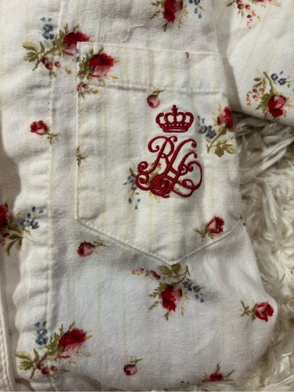 Ralph Lauren White Button-Up Pajama Set with Red Floral Embroidery-PM - Picture 7 of 11